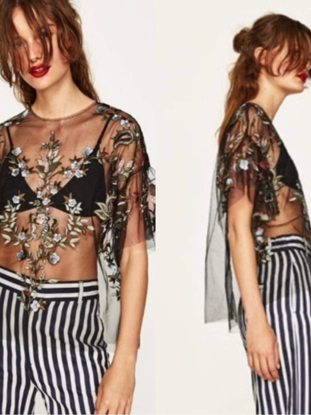 Zara Sheer Floral Embroidered Mesh Top - Black